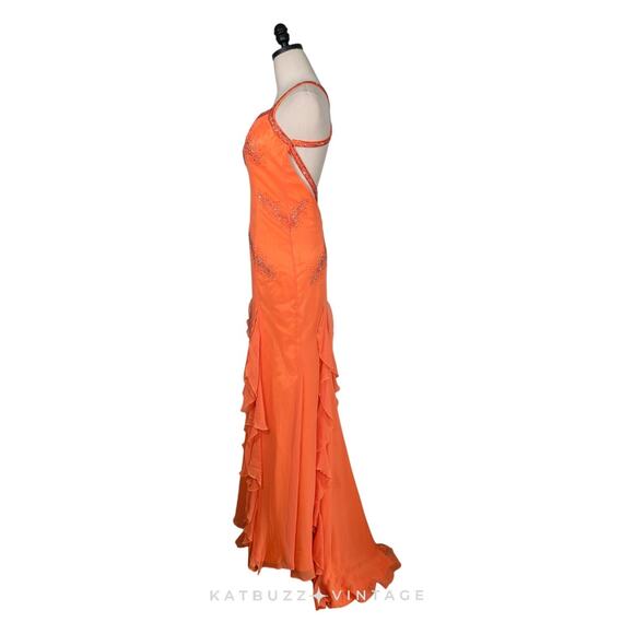 Vintage Silk Prom Dress Maxi Gown 4 Orange Y2K Ruffle Fairy Bead Slip Glam Guest - Picture 4 of 16